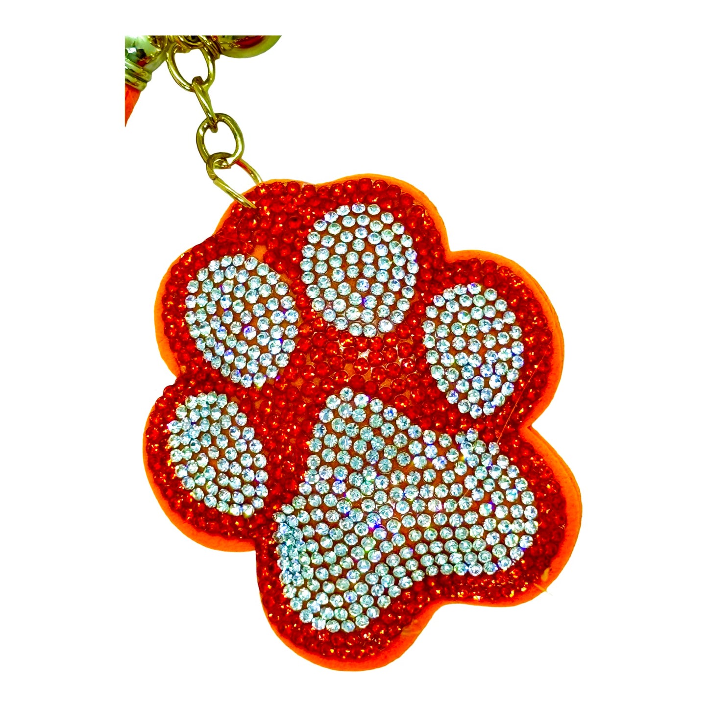 Bright Orange Puppy Paw Print Rhinestone Puff Bling Keychain
