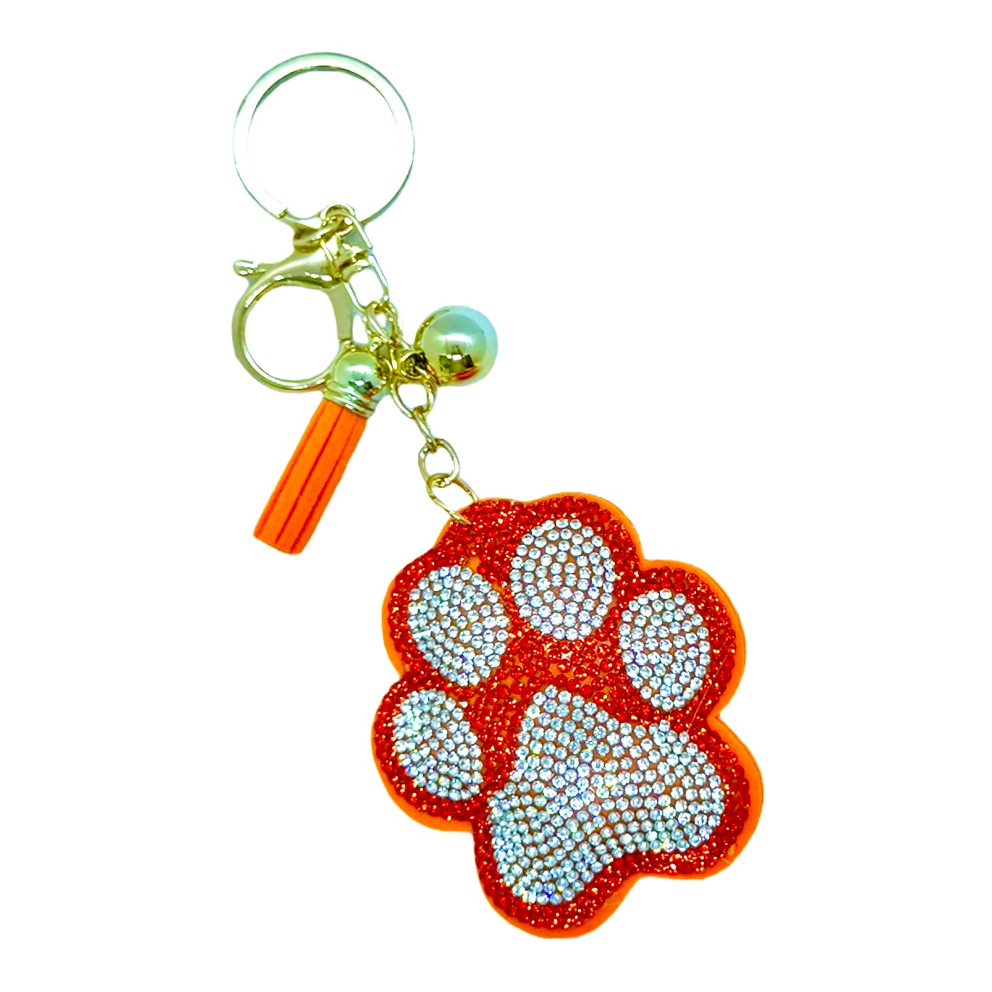 Bright Orange Puppy Paw Print Rhinestone Puff Bling Keychain