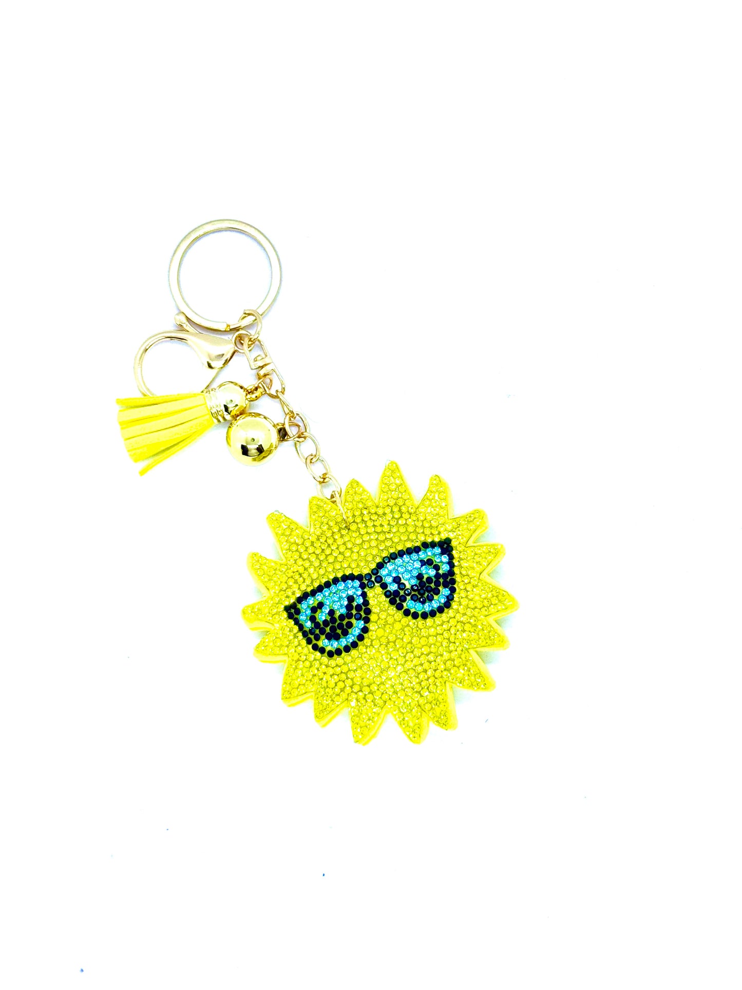 Bright Yellow Sun with Shades Rhinestone Puff Bling Keychain