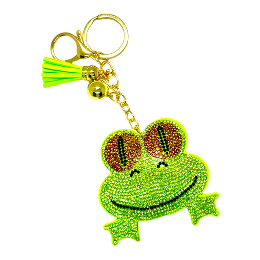 Bright Green Frog Rhinestone Puff Bling Keychain