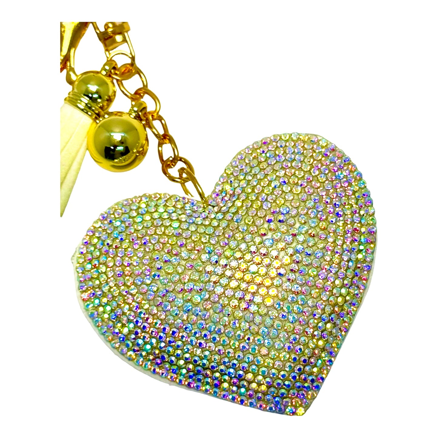 Iridescent White Heart Rhinestone Puff Bling Keychain