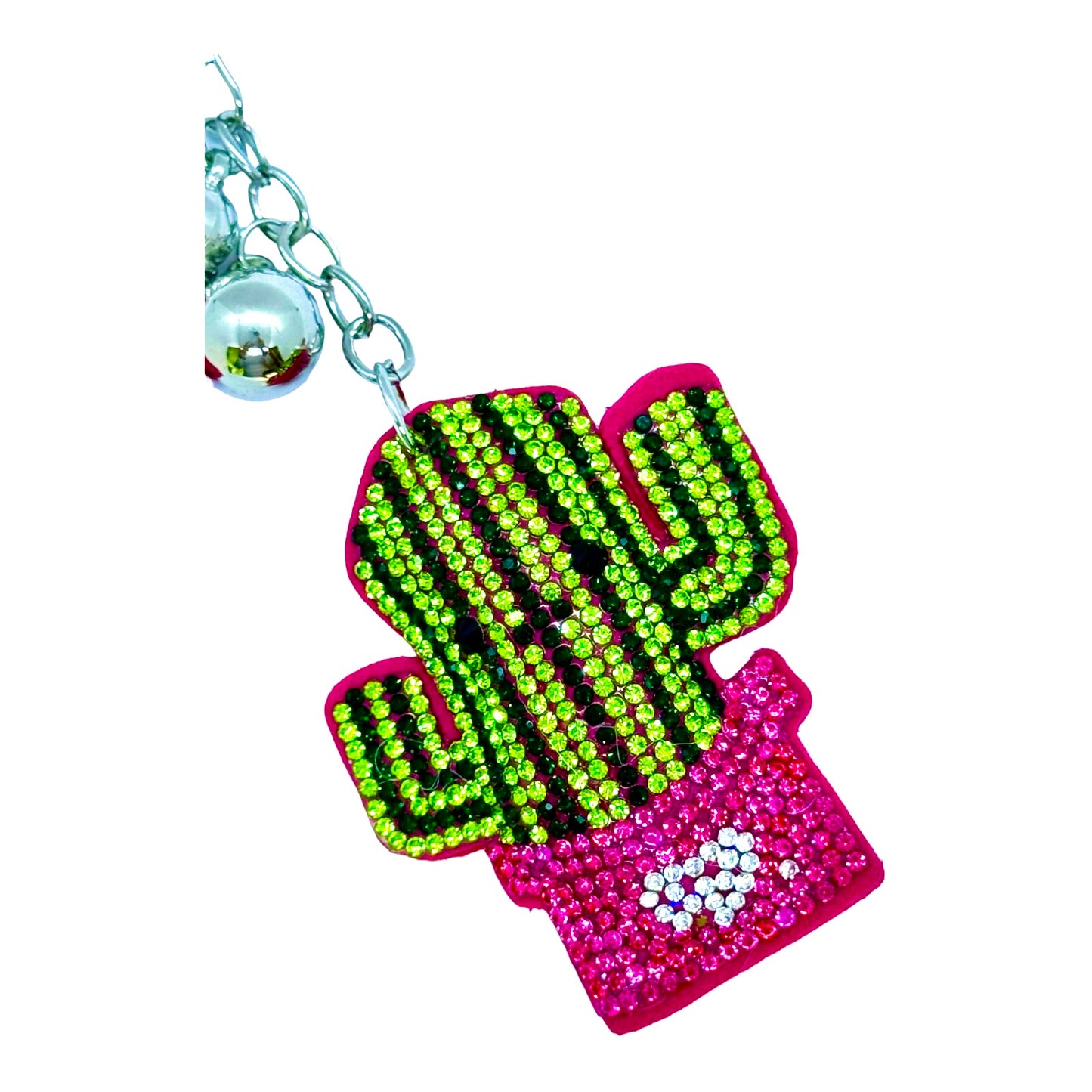 Happy Cactus Rhinestone Puff Bling Keychain