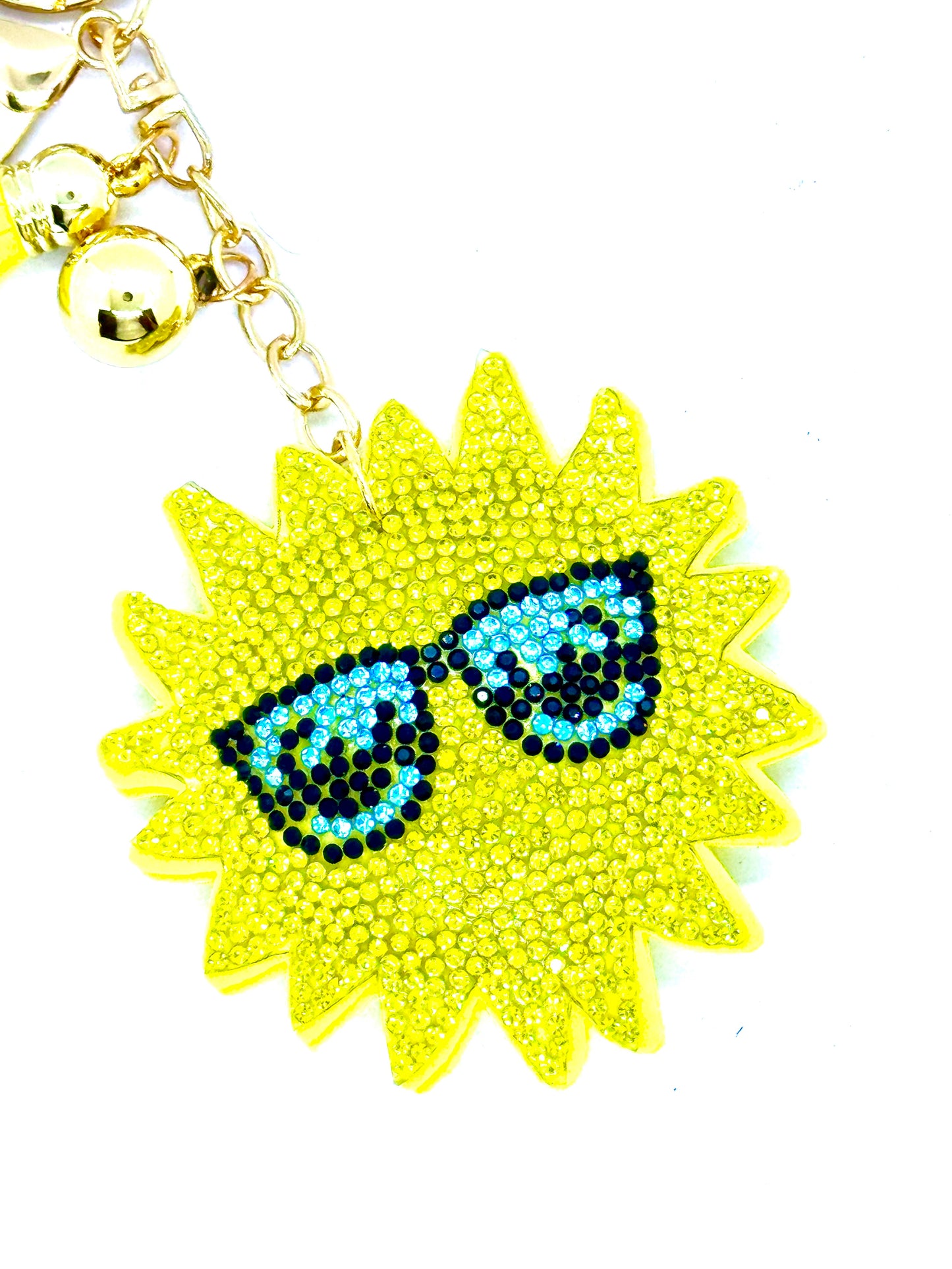 Bright Yellow Sun with Shades Rhinestone Puff Bling Keychain