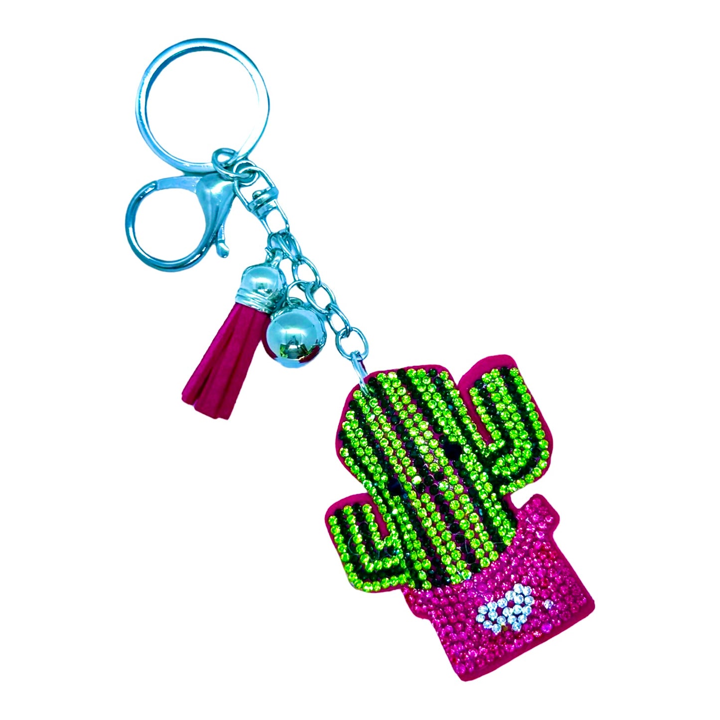 Happy Cactus Rhinestone Puff Bling Keychain