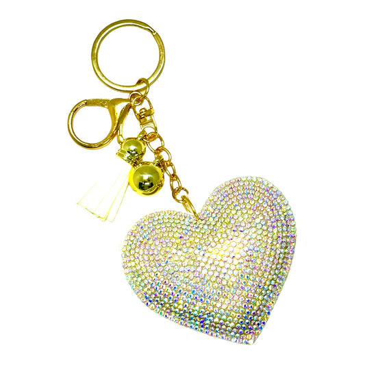 Iridescent White Heart Rhinestone Puff Bling Keychain